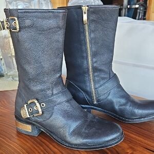 Vince Camuto Black Leather Boots with Gold Accents